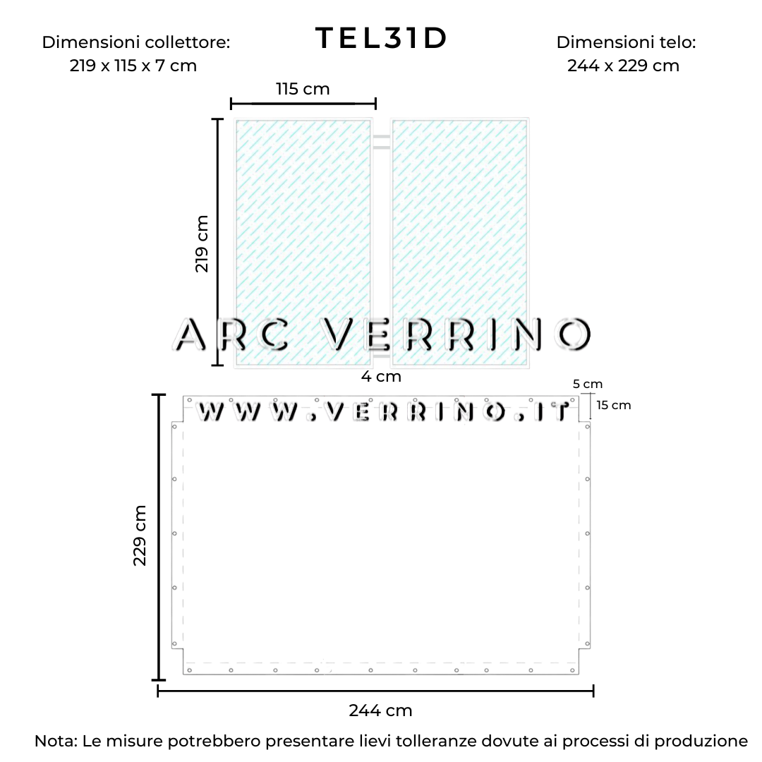 Disegno Telo di copertura in PVC impermeabile - 244 x 229 cm - per collettori solari (pannelli solari termici) progetto su misura | TEL 31 D - ARC VERRINO ROMA E GROTTAFERRATA
