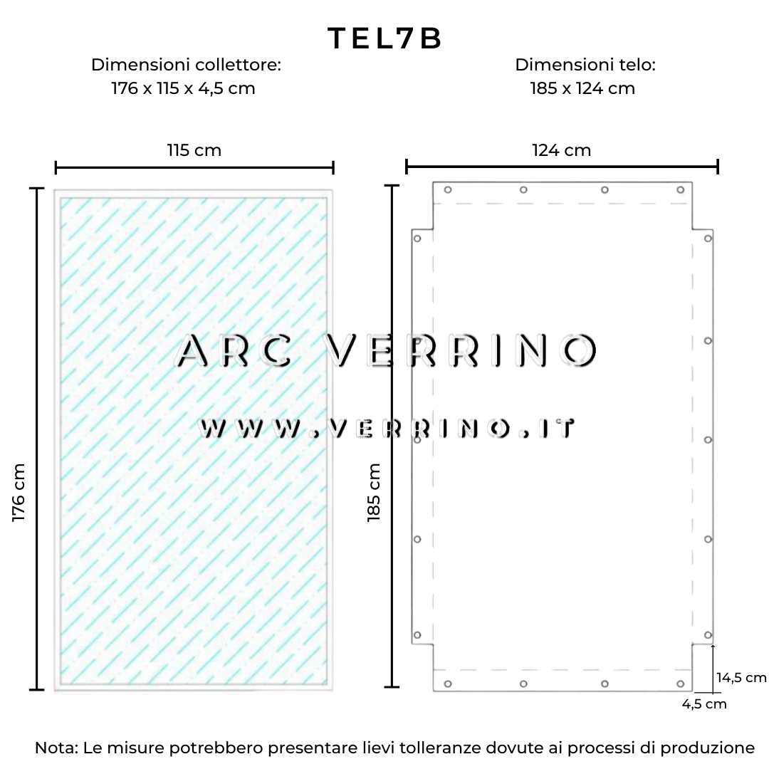 Disegno telo di copertura impermeabile in PVC - 185 x 124 cm - per collettori solari (pannelli solari termici) | personalizzato e su misura TEL 7 B - ARC VERRINO ROM E GROTTAFERRATA