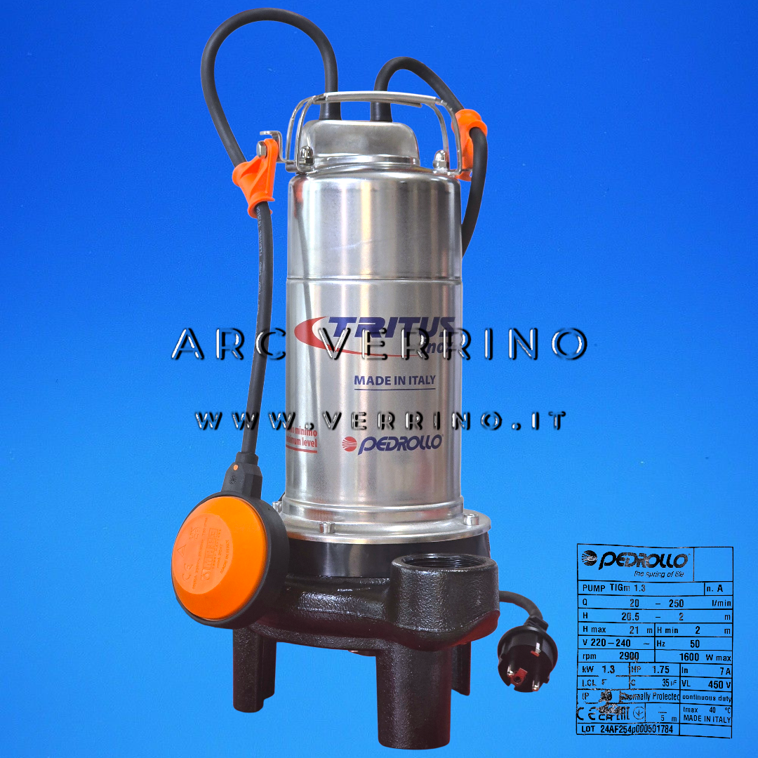 Elettropompa sommergibile Pedrollo TRITUS INOX TIGm 1.3 - 48SHTG130A1 | con trituratore inox e galleggiante verticale - ARC VERRINO