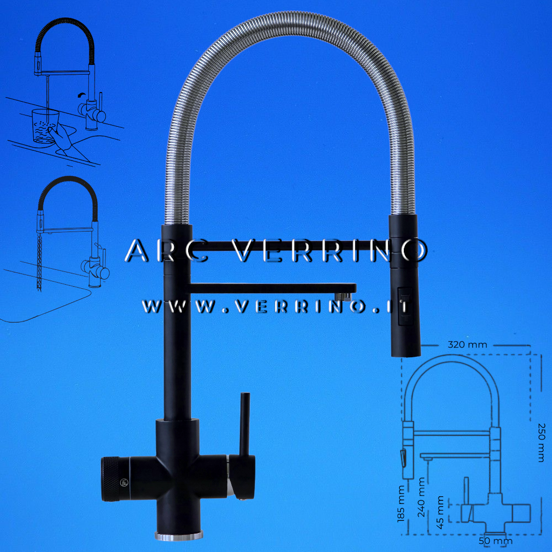 Rubinetto miscelatore 5 Vie - nero opaco 5304NE con doccetta | Lavello Cucina - per sistemi di trattamento acqua potabile - ARC VERRINO